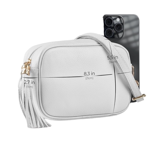 - Genuine leather camera bag crossbody with tassel - white - Picture 4 of 11